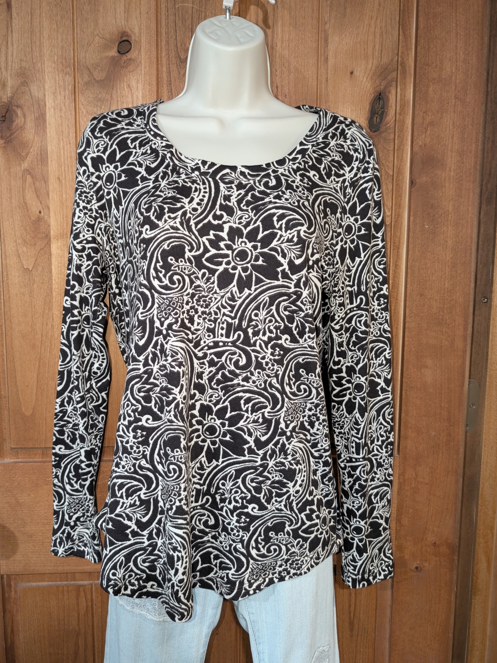 LOFT Brown & White Floral Scoop Neck Long Sleeve Fine Gauge Sweater